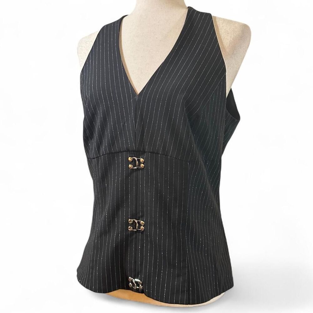 WHBM Pinstriped Fitted V Neck Faux Vest Black and Gold Tank Top